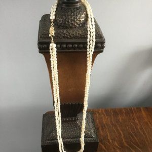 Rare Fine Stunning LONG Vintage 1970s Triple Strand Genuine PEARL Bead Necklace